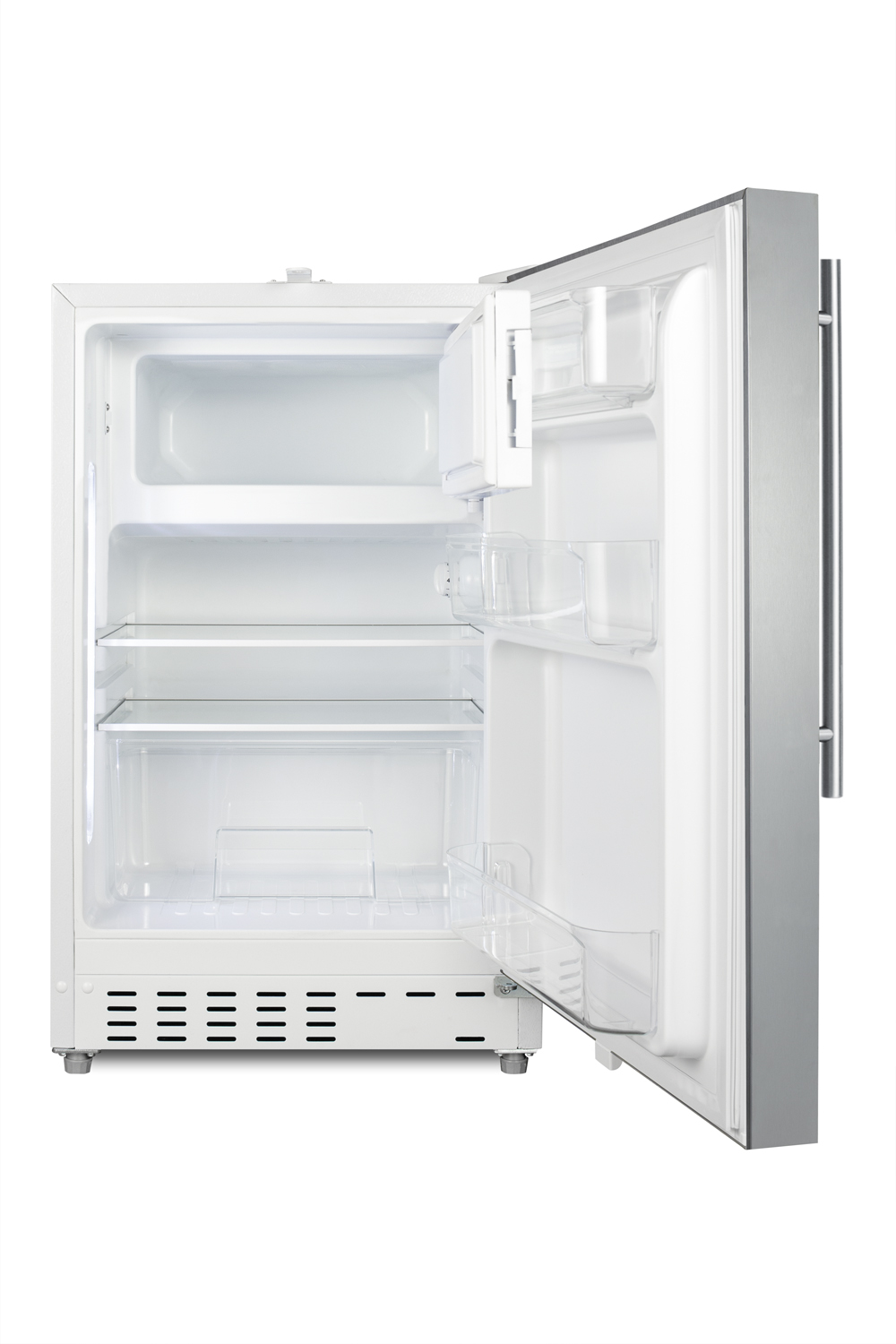 Built-in undercounter ADA compliant refrigerator-freezer with a stainless steel cabinet and reversible SS door, with a vertical handle for residential use, manual defrost with glass shelves, front lock, and door storage